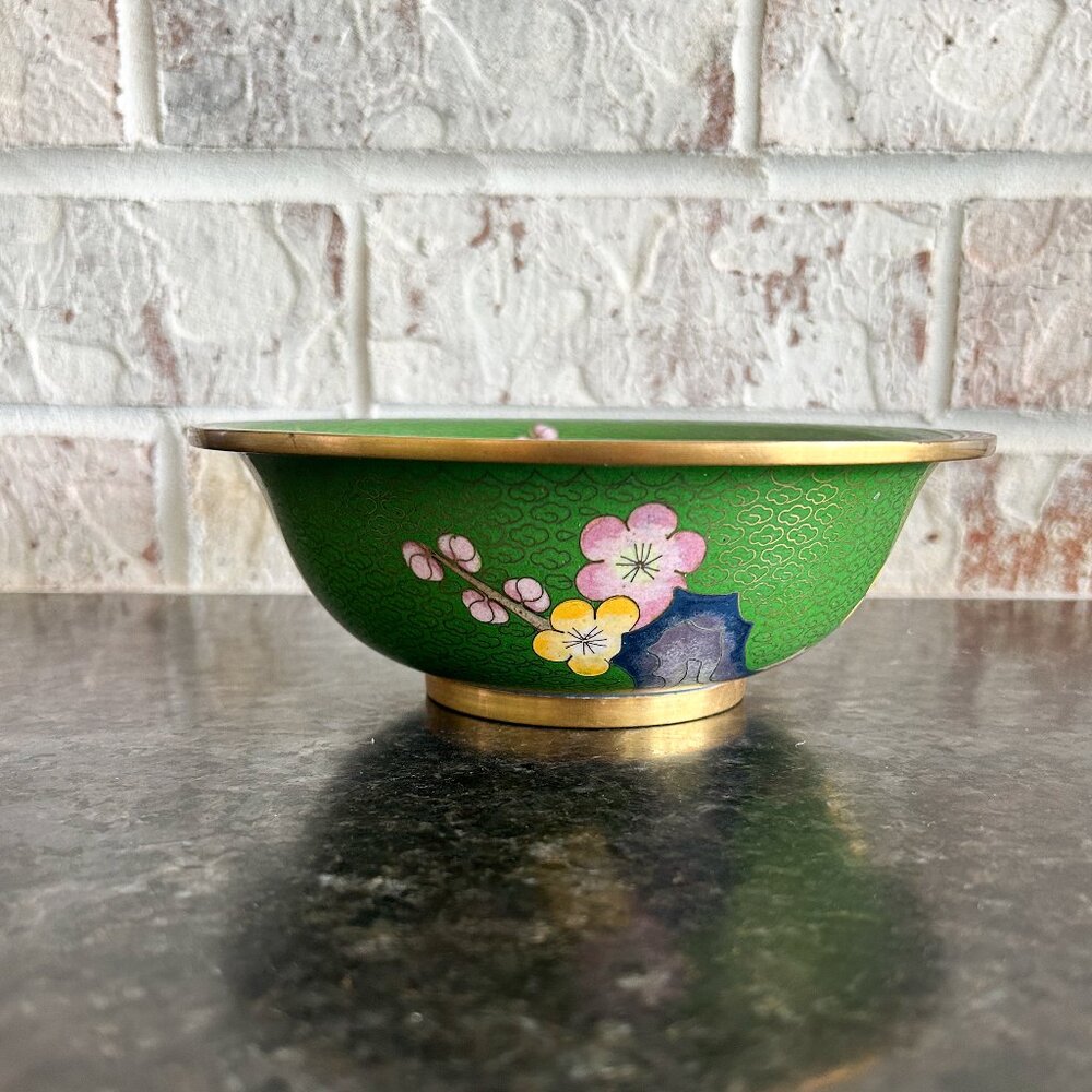 Vintage Japanese Style Enamel Cherry Blossom Flower Bowl, Brass bowl